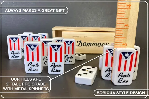 Vista 9 de Juego de dominó Puerto Rico para adultos, regalo doble de seis Dominó puertorriqueño, estilo boricua viene con bandera de relaciones públicas