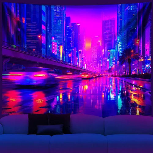 Vista 14 de NYZE Tapiz de luz negra de ciudad, tapiz de anime japonés, juego punk, fantasía, vista nocturna, paisaje urbano, arte futurista, neón, tapices