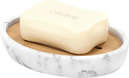 Vista 8 de Luxspire Jabonera de Bambú, Soporte de Jabón de Resina con Drenaje, Jabonera Ovalada de Madera para Ducha, Baño, Lavabo, Cocina y Encimera, Blanco