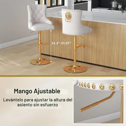 Vista 8 de Juego de 2 taburetes de bar de terciopelo, altura ajustable, base de metal dorado, beige Diseño de cabeza de clavo, función giratoria, ideal