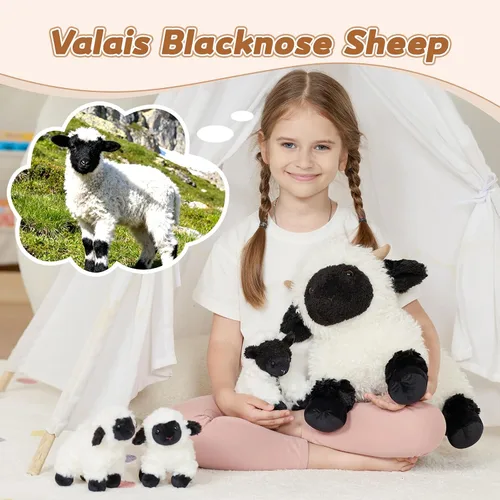 Vista 2 de Tezituor Valais - Juego de 4 animales de peluche de oveja Blacknose de 18 pulgadas, peluche grande de oveja con 3 lindos bebés de cordero, regalo