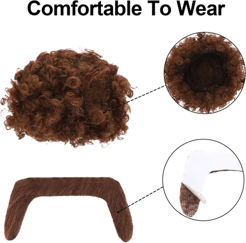Vista 5 de Juego de 5 piezas de disfraz de discoteca de los años 60 y 70 para niños, camisas de lentejuelas, peluca afro, barba dorada, collar, gafas, fiesta