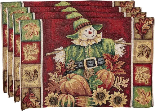 Vista 8 de Colección Fall Harvest - Tapiz Cornucopia con diseño de calabazas y frutas, juego de cuatro manteles individuales de 13 x 19 pulgadas