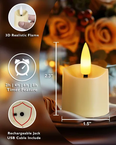 Vista 5 de Homemory - Velas recargables sin llama, Velas votivas LED con temporizador de 2/4/6/8H, 6 piezas, velas de té operadas por batería con temporizador