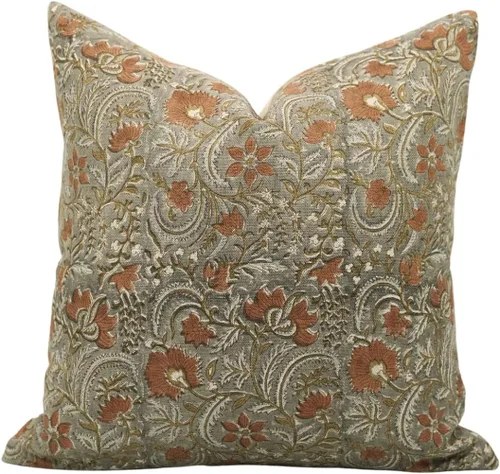 Vista 9 de Funda de cojín hecha a mano con estampado de bloques de 14 x 14 pulgadas, de lino puro, para otoño, verano, decoración de primavera para sofá, cama