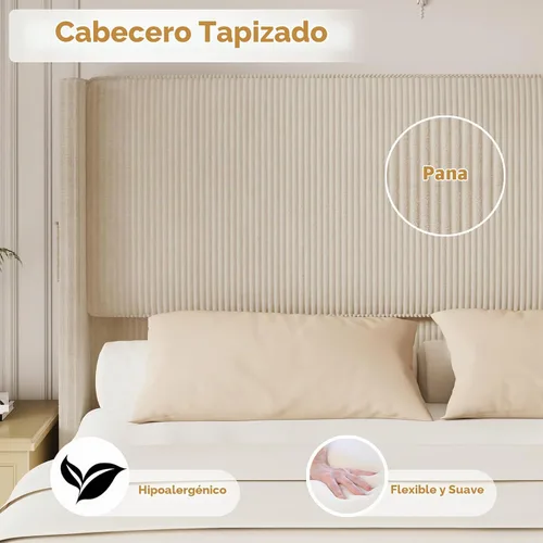 Vista 3 de Marco de Cama Tamaño Queen con Cabecero, Cama de Plataforma Tapizada con Cabecero Alto Tipo Wingback y Pie de Cama, Marco de Cama de Pana con Beige