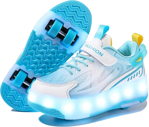 Vista 10 de Ufatansy - Zapatos con ruedas para patinar para niños y niñas, con 4 ruedas desmontables, 16 modos de luces LED de colores, zapatillas deportivas