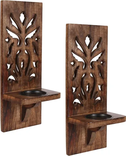 Vista 10 de Juego de 2 apliques de velas rústicos para montaje en pared - Portavelas de pilar de estante flotante de madera, decoración de pared de granja