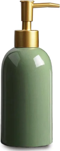 Vista 9 de Paquete de 2 dispensadores de jabón de cerámica verde con bomba dorada, botella dispensadora de loción cilíndrica de diseño moderno, dispensador
