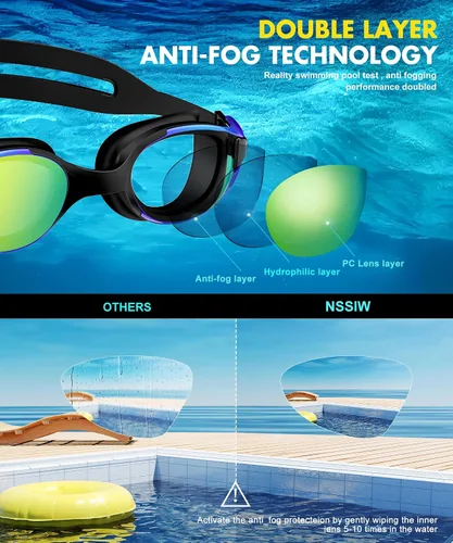 Vista 4 de NSSIW Gafas de natación para adultos: gafas de piscina para hombres y mujeres con protección UV400 antivaho sin fugas, paquete de 3