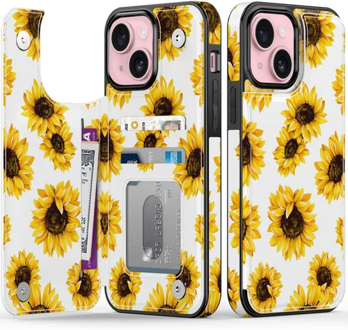 Vista 22 de FUNMIKO Funda tipo cartera para iPhone 15 con tarjetero + clip para efectivo, bloqueo RFID, protección contra caídas de grado militar y obras
