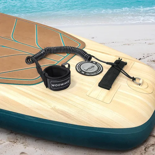 Vista 5 de WOOWAVE Correa SUP de 11 pies en espiral para tabla de remo para tabla de surf, correa de tobillo con funda impermeable para billetera/teléfono