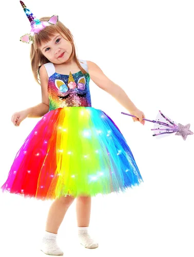 Vista 5 de Girls Unicorn Tutu Costumes Dress Light Up Unicorn LED Headband Princess Birthday Dress Up Clothes Girl Gift