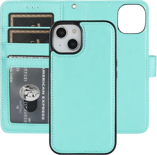 Vista 24 de Bocasal Funda tipo cartera desmontable para iPhone 14 con bloqueo RFID, ranuras para tarjetas, soporte de piel sintética de alta calidad, soporte