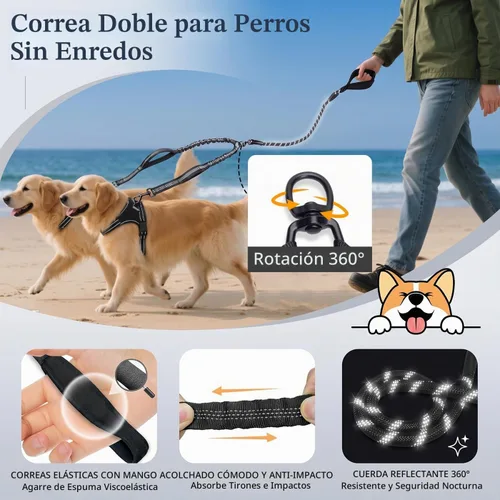 Vista 2 de Correa doble para perro, 18 ~ 120 libras, sin enredos con asas acolchadas