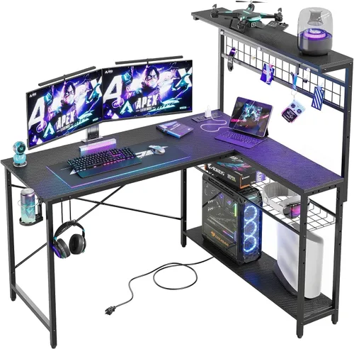 Vista 10 de Bestier - Escritorio esquinero para computadora con 42 tomas de corriente, luces LED, mármol negro
