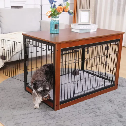 Vista 6 de Jaula de perro de 37.8 x 23.6 x 27.1 pulgadas, estilo de muebles para mascotas pequeñas y medianas, jaula de madera para perros, resistente