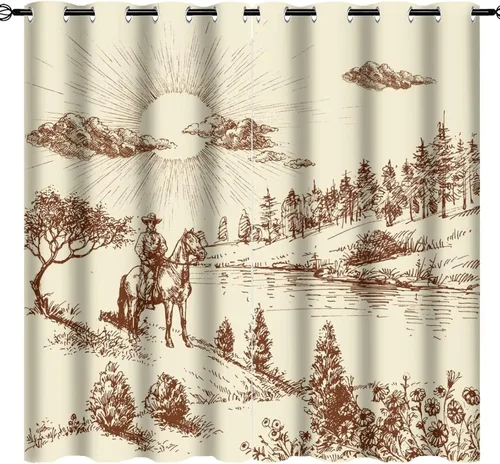 Vista 18 de Cortinas opacas retro de vaquero occidental para dormitorio, estilo rústico, cactus, salvaje oeste, vaquero, paseo, caballo, con ojales, aislamiento