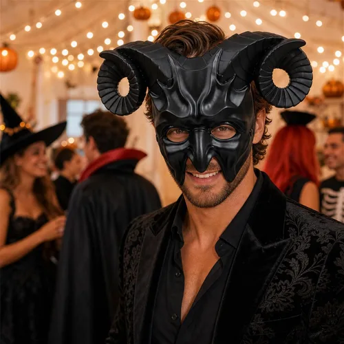 Vista 8 de MCJC Máscara con cuernos de cabra de diablo, accesorios de cosplay de Halloween, máscara de media cara para adultos, 4