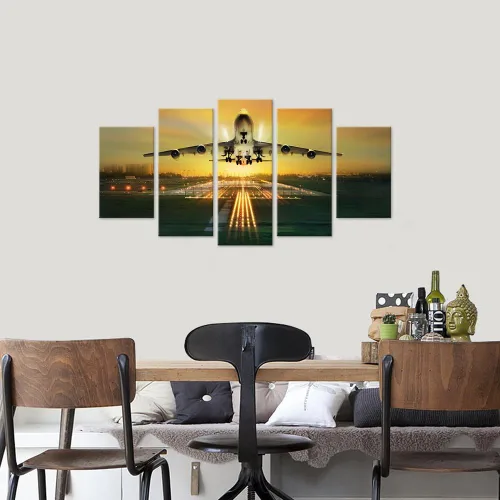 Vista 4 de VVOVV Wall Decor 5 piezas de arte de pared en lienzo de avión, hermoso paisaje nocturno de aeropuerto, imagen de decoración de avión, enmarcado