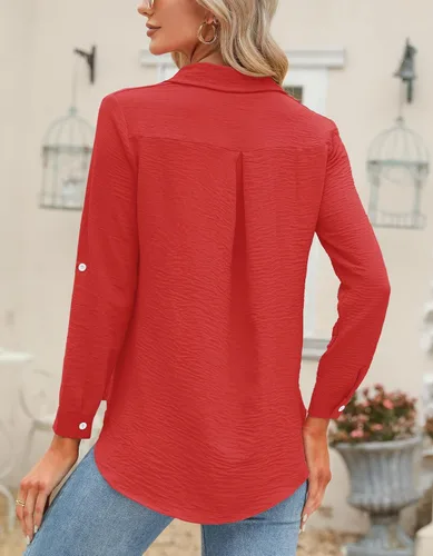 Vista 19 de Odosalii - Camisas con botones para mujer, con cuello en V, manga larga, enrolladas, blusas elegantes y formales para negocios y ocasiones casuales