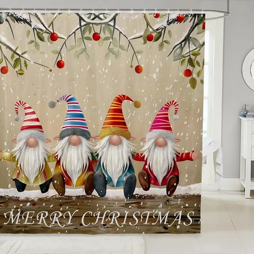Vista 26 de Homewish Cortina de ducha de árbol de Navidad, juego de cortina de ducha de baño con diseño de copo de nieve dorado para niños y adultos, cortina