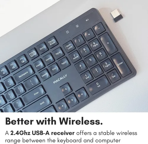 Vista 9 de Macally Teclado inalámbrico - Teclado ergonómico de tamaño completo de 2.4 G inalámbrico con teclado numérico y 13 teclas de acceso directo