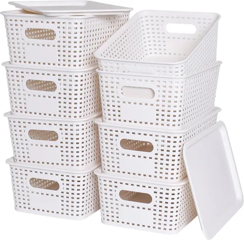 Vista 9 de Cestas de almacenamiento de plástico con tapa, contenedores de almacenamiento de plástico apilables: cestas de almacenamiento para organizar