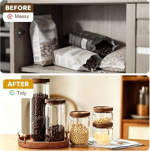 Vista 3 de Tarros de vidrio con tapas de madera herméticas – Mini recipientes de almacenamiento de despensa de cocina de 11 onzas, recipientes decorativos
