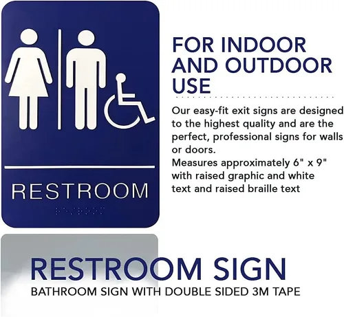 Vista 6 de Letrero de baño unisex en Braille – Letrero de baño azul con cinta 3M de doble cara segura ideal en menos de un minuto – Diseño único – Tamaño 9 x 6