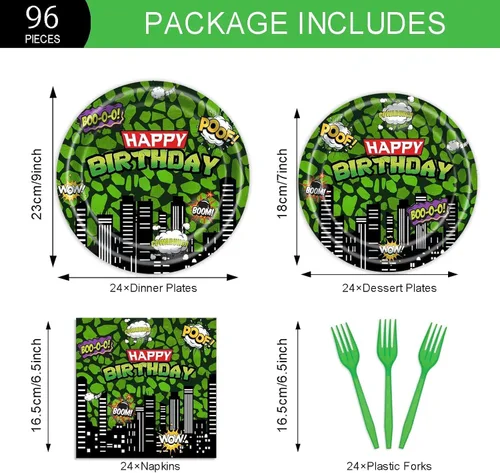 Vista 2 de Vajilla de cumpleaños de superhéroe ninja para niños, 24 invitados Juego de servilletas y tenedores de platos de papel, desechables, impermeables