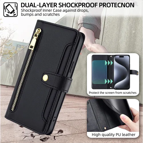 Vista 3 de Funda compatible con Huawei Nova 2S Cartera con cremallera 【Ranura para 6 tarjetas】【Soporte abatible】【Cierre magnético】 【Funda para teléfono】Cordón