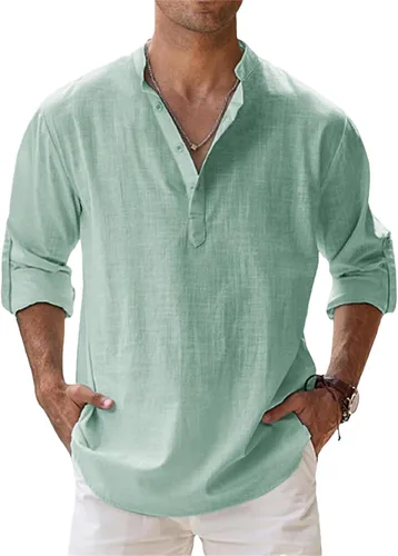 Vista 13 de Camisas de lino para hombre, de manga larga, con botones, de algodón, lino, talla grande, cuello de banda, color sólido, camisa de playa