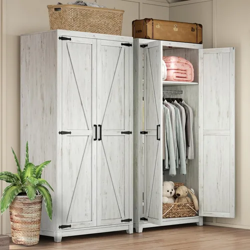 Vista 9 de AMERLIFE Armario de granja, clóset con 2 puertas estilo granero, gabinete de almacenamiento de 71" con barra para colgar y estante, almacenamiento