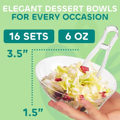Vista 5 de Tazones de postre de plástico transparente de 6 onzas (16 piezas) con (8) cucharadas y (8) pinzas, vasos de barra de helado desechables duros