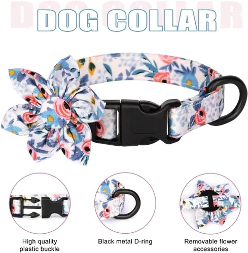 Vista 3 de Beirui Lindo juego de collares, arneses y correas para perro hembra, juego de collar y correa ajustable con flor - Arnés de malla suave para Azul