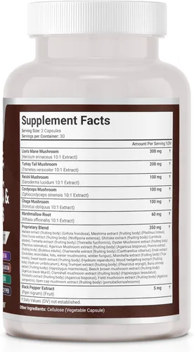 Vista 2 de JB Wellness Co Suplemento de melena de león, apoyo cognitivo, salud inmunológica con cola de pavo 20 en 1, hongo Reishi Cordyceps Chaga con raíz