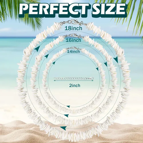 Vista 2 de Funtery 6 piezas de collar de concha de puka blanca, collar hawaiano de conchas marinas, collares de playa, collar de surfista con 6 cadenas