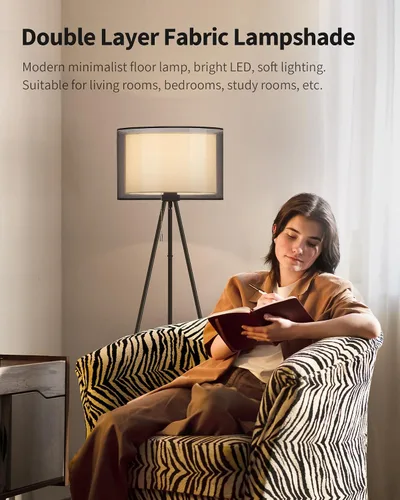 Vista 3 de KDG Lámpara de pie moderna, lámpara de trípode alta para sala de estar, dormitorio, oficina; pantalla de tela, bombilla LED, luz cálida (negro)
