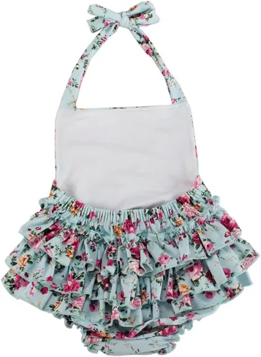 Vista 2 de China Rose 50's Floral Ruffles Mamelucos Vestido Sin Respaldo Traje De Baño Traje De B Azul/claro