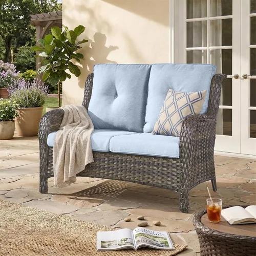 Vista 2 de Sofá Pop Patio de 2 plazas para exteriores con cojines gruesos de botones, respaldo alto, muebles de ratán de mimbre marrón resistentes y cómodos