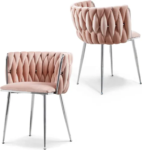 Vista 20 de Juego de 2 sillas de comedor de terciopelo, sillas laterales tapizadas tejidas con patas de metal negro, sillas decorativas modernas, sillas