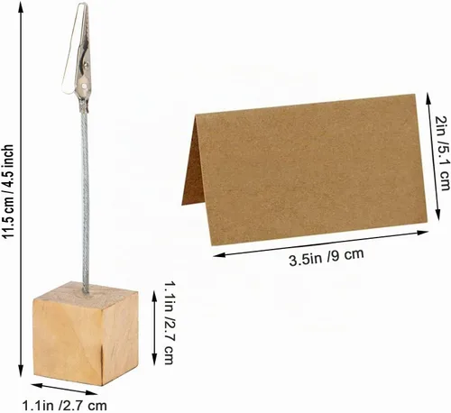 Vista 2 de 20 soportes para tarjetas de lugar con clips y soporte de madera, soporte de clips para fotos para mesa, soporte de números de mesa de madera