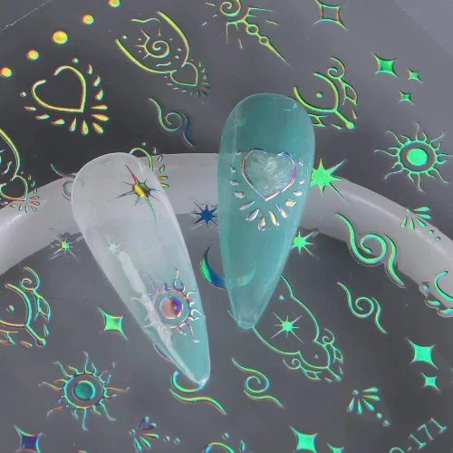 Vista 7 de Calcomanías de uñas de estrella de luna, calcomanías de arte autoadhesivas 3D, calcomanías de diseño de estrellas y sol, suministros de oro láser