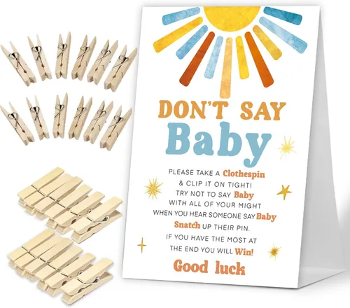 Vista 10 de No digas juego de bebé, Here Comes the Sun, juego de baby shower incluye letrero de baby shower y 50 pinzas para la ropa, decoración de baby shower