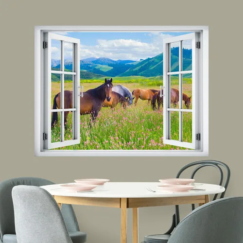 Vista 3 de wall26 Adhesivo removible de pared/mural de pared, vista de ventana, rústico, campo, semental, caballos, animales, naturaleza, fotografía, realismo