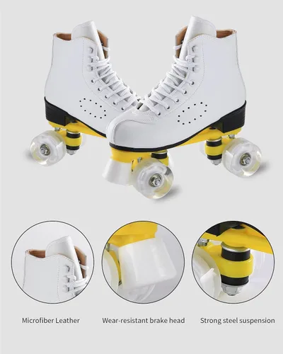 Vista 2 de Patines de ruedas para hombres y mujeres, patines Derby negros con 4 ruedas brillantes, patines clásicos de doble fila para interiores y exteriores