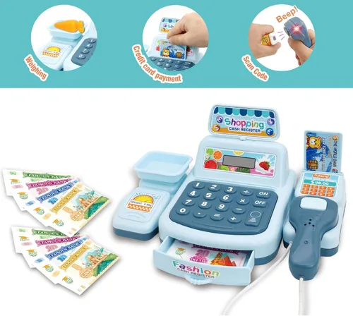 Vista 3 de Caja registradora de juguete para niños, caja registradora interactiva de plástico para padres e hijos, regalo para niños y niñas, color rosa