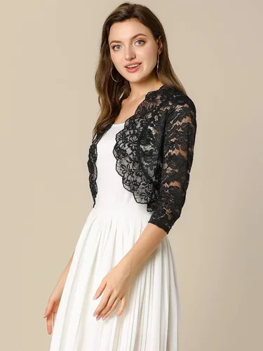 Vista 4 de Allegra K - Chaquetilla elegante para mujer de encaje floral traslúcido y manga 34