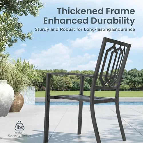 Vista 4 de PHI VILLA Juego de comedor al aire libre de 7 piezas para 6, mesa rectangular de metal negro de 60 pulgadas con agujero para sombrilla y sillas